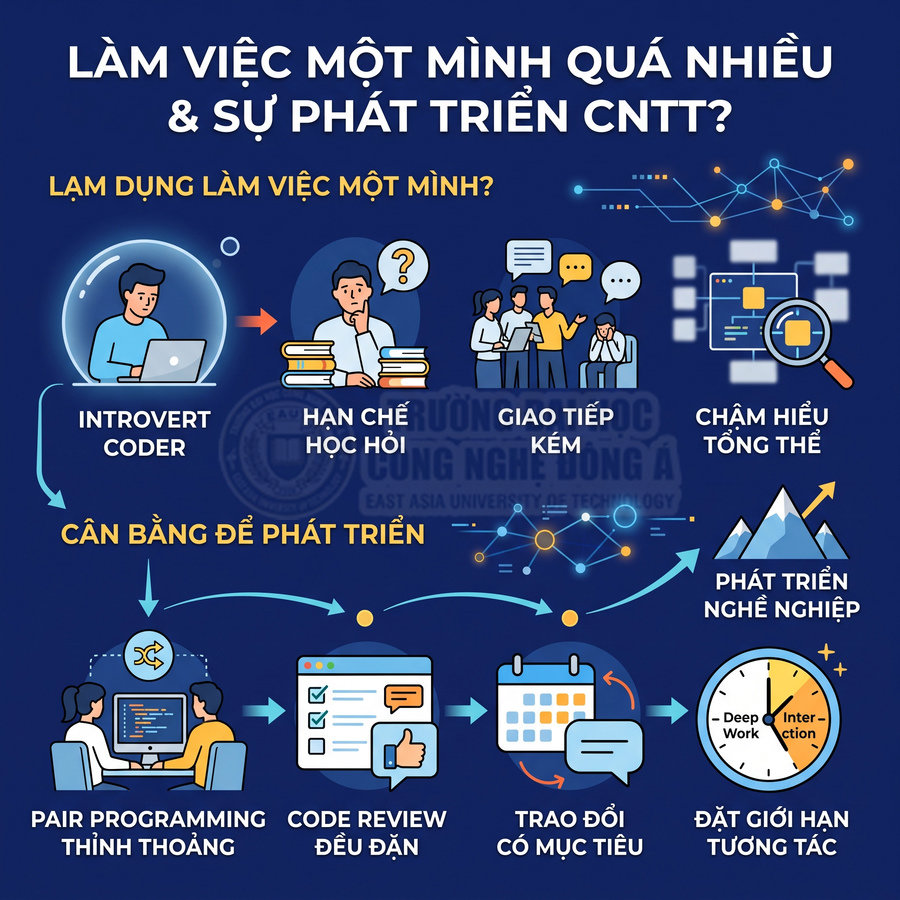 Infographic về tác hại làm việc một mình quá nhiều và cách cân bằng để phát triển trong ngành CNTT