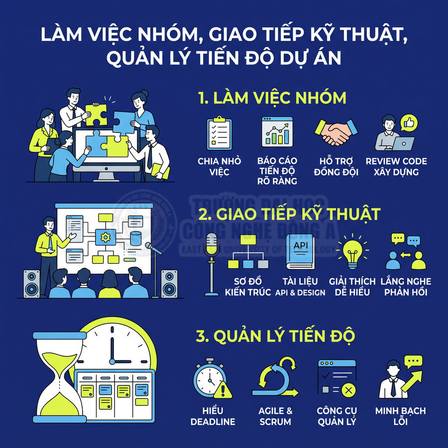 Minh họa kỹ năng làm việc nhóm, giao tiếp kỹ thuật và quản lý tiến độ dự án trong lập trình viên