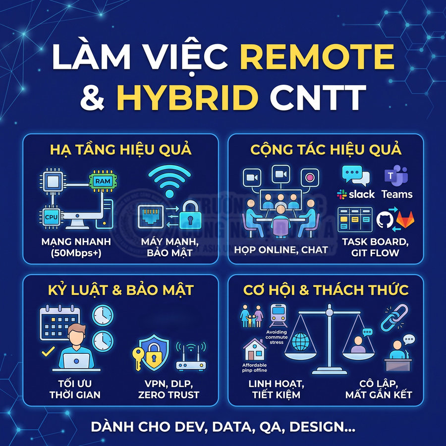 Infographic làm việc remote và hybrid CNTT với hạ tầng, cộng tác, bảo mật và cơ hội thách thức cho dev, data, QA, design