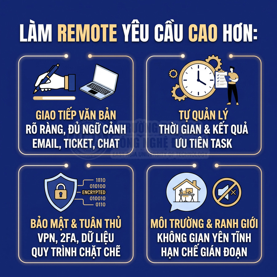 Infographic yêu cầu kỹ năng giao tiếp, tự quản lý, bảo mật và môi trường làm việc khi làm việc remote