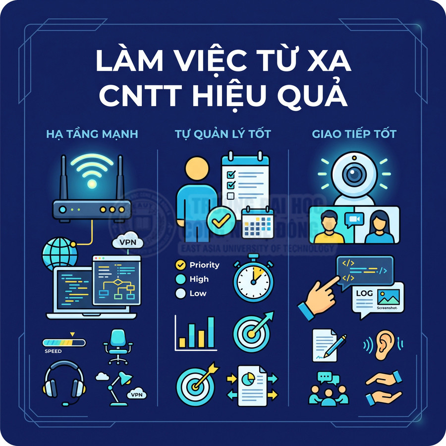 Minh họa làm việc từ xa ngành CNTT với hạ tầng mạng, tự quản lý công việc và giao tiếp trực tuyến hiệu quả
