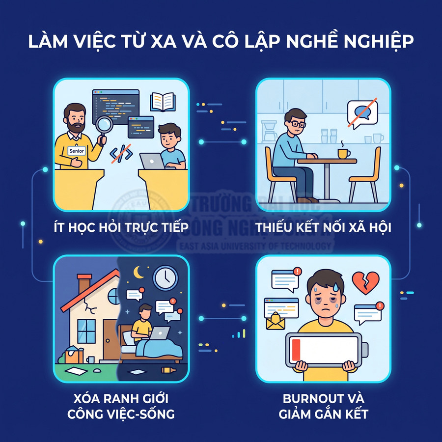 Minh họa tác hại làm việc từ xa: ít học hỏi trực tiếp, thiếu kết nối xã hội, xóa ranh giới việc sống, burnout giảm gắn kết