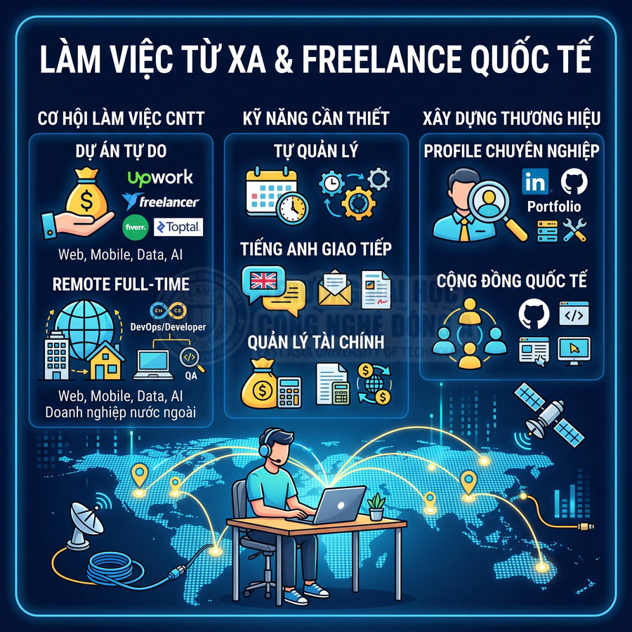 Infographic cơ hội làm việc từ xa freelance quốc tế trong ngành CNTT và kỹ năng cần thiết