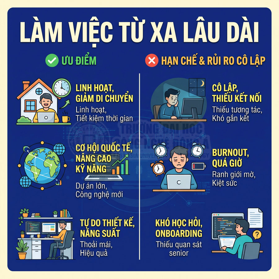 Infographic ưu điểm và hạn chế của làm việc từ xa lâu dài với hình minh họa nhân viên dùng laptop