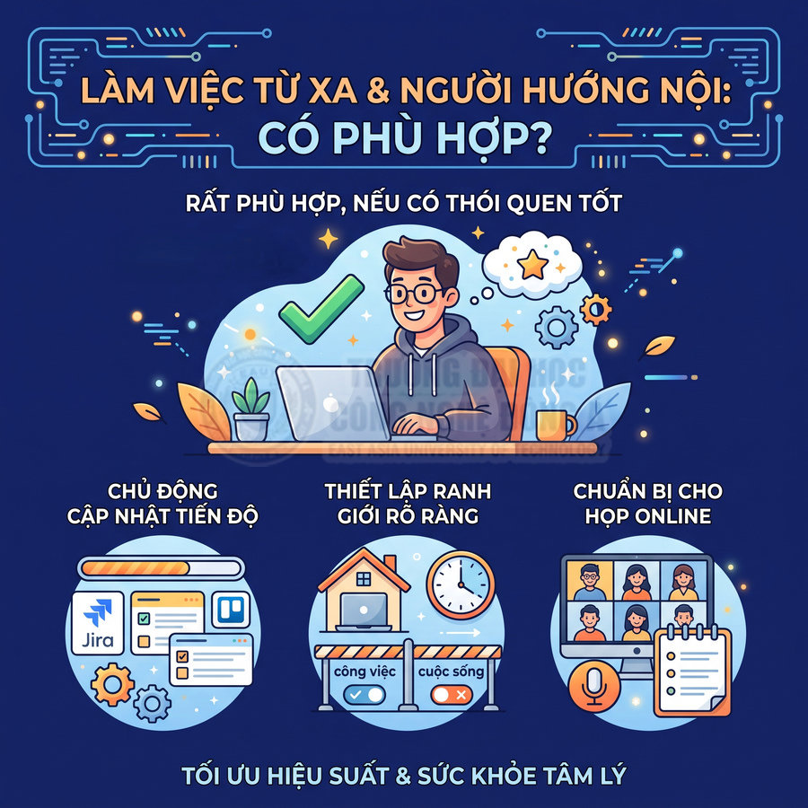 Minh họa người hướng nội làm việc từ xa với laptop, họp online và quản lý công việc để tối ưu hiệu suất