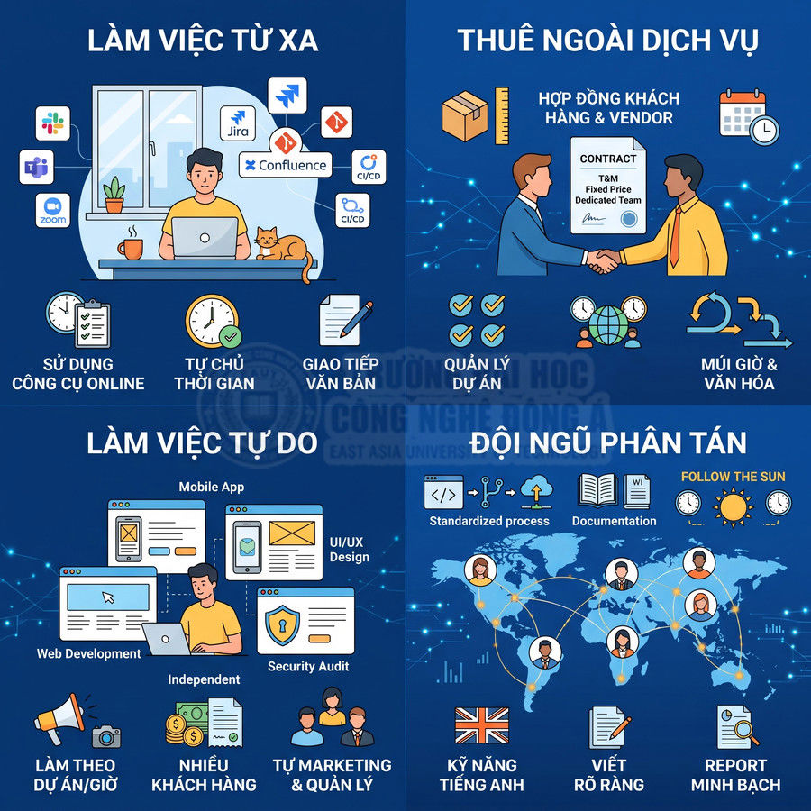 Mô hình làm việc IT: làm việc từ xa, freelance, thuê ngoài dịch vụ và đội ngũ phân tán toàn cầu