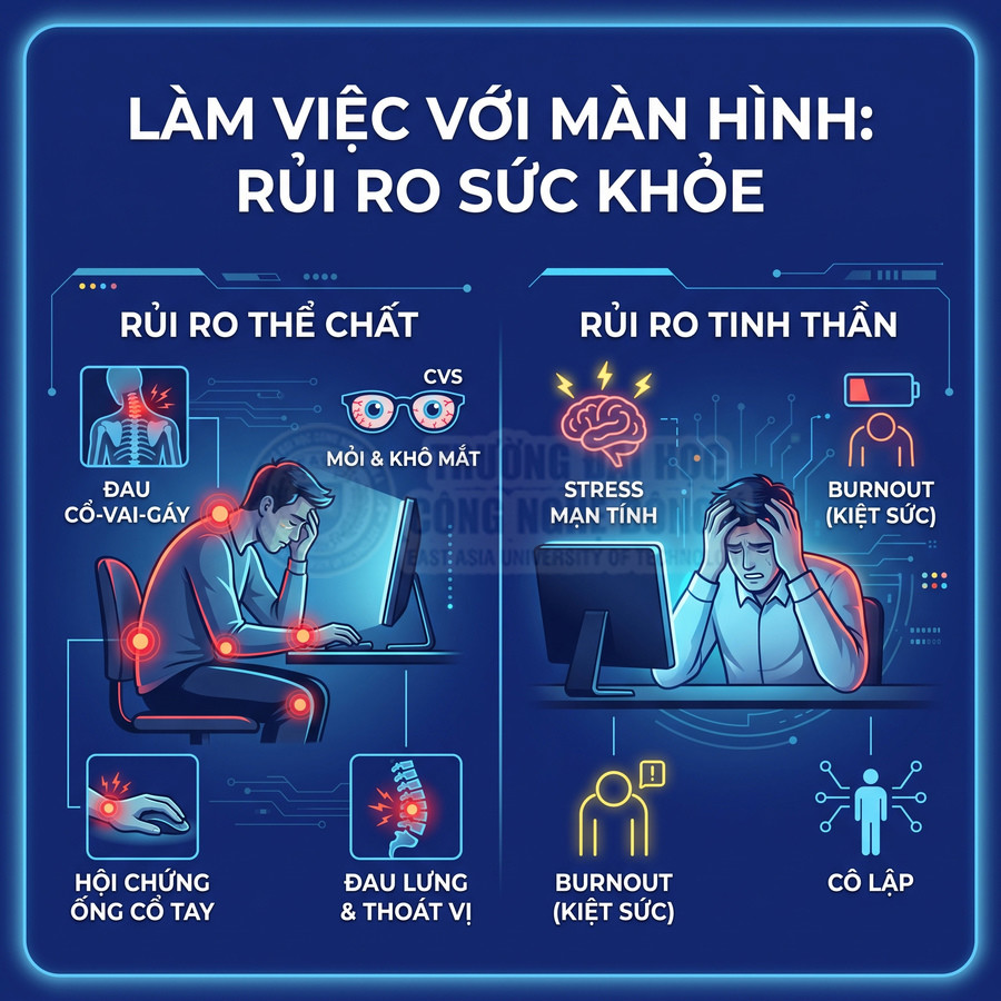 Infographic rủi ro sức khỏe thể chất và tinh thần khi làm việc lâu với màn hình máy tính
