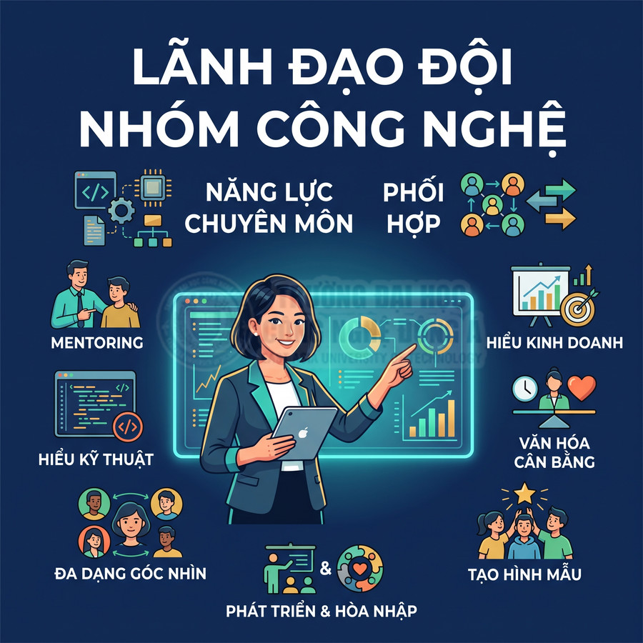 Minh họa nữ lãnh đạo đội nhóm công nghệ cầm máy tính bảng, xung quanh là các kỹ năng lãnh đạo và biểu đồ dữ liệu