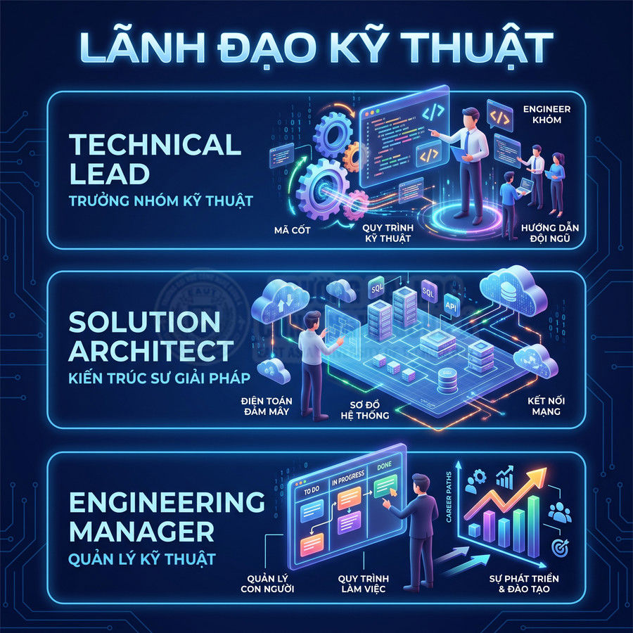 Infographic mô tả các vai trò lãnh đạo kỹ thuật Technical Lead, Solution Architect và Engineering Manager trong công ty công nghệ