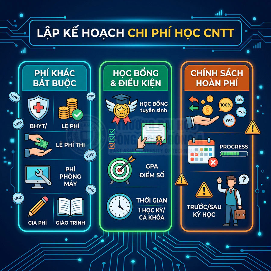 Infographic lập kế hoạch chi phí học CNTT với phí bắt buộc, học bổng và chính sách hoàn phí