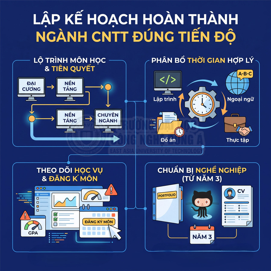 Infographic lập kế hoạch hoàn thành ngành CNTT đúng tiến độ với lộ trình môn học và chuẩn bị nghề nghiệp