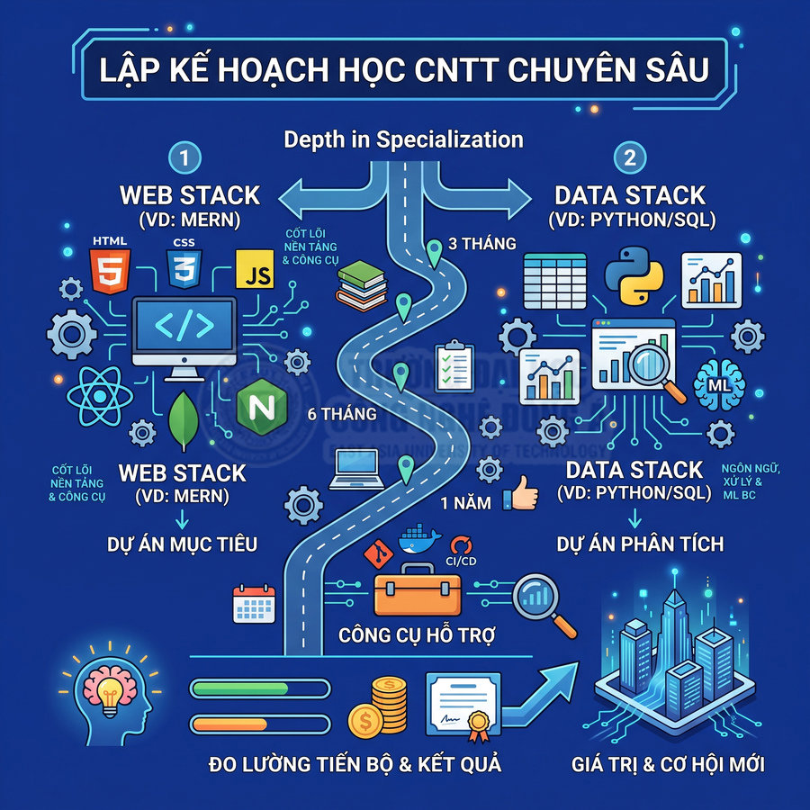 Lộ trình học CNTT chuyên sâu với web stack MERN và data stack Python SQL minh họa bằng infographic màu xanh