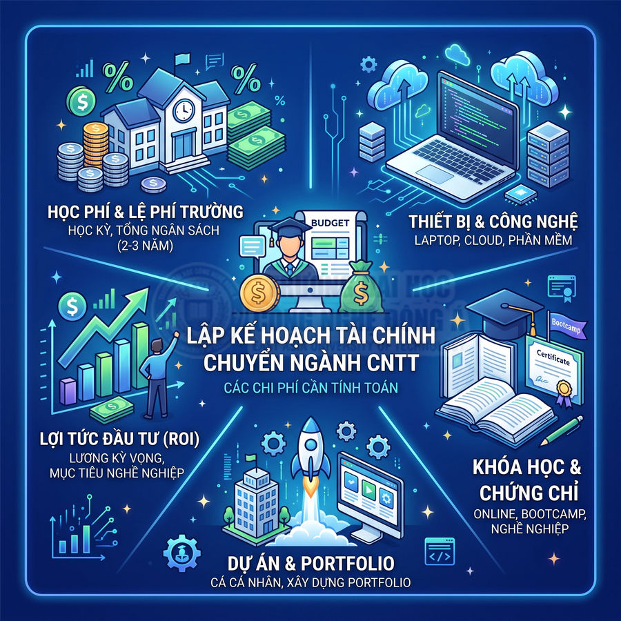Infographic lập kế hoạch tài chính chuyển ngành CNTT với học phí, thiết bị công nghệ, khóa học và dự án portfolio