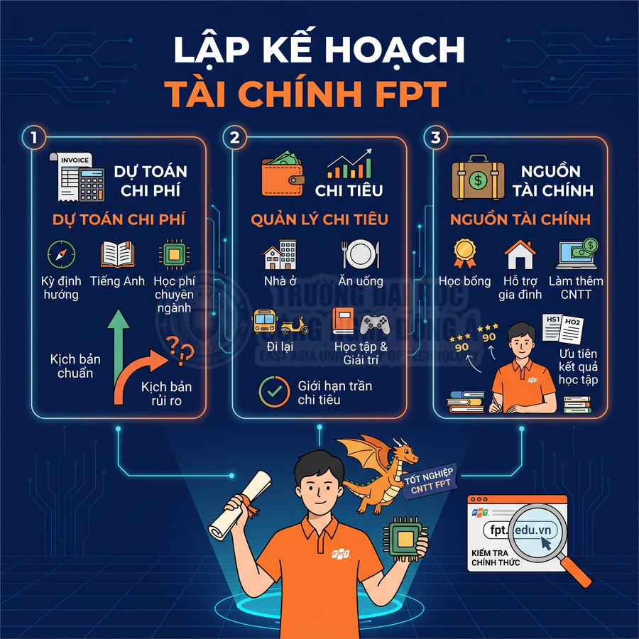 Infographic lập kế hoạch tài chính FPT cho sinh viên CNTT với các mục dự toán chi phí, chi tiêu và nguồn tài chính