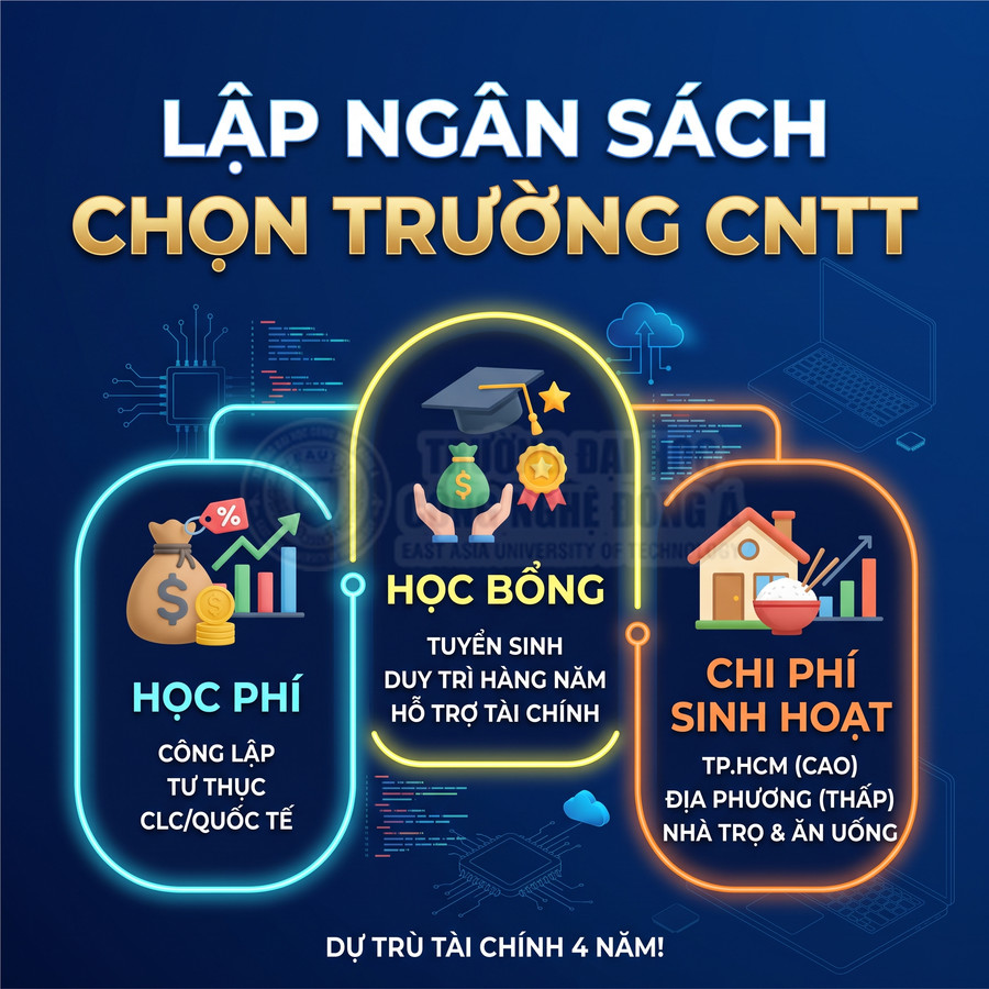 Infographic lập ngân sách chọn trường CNTT với mục học phí, học bổng và chi phí sinh hoạt
