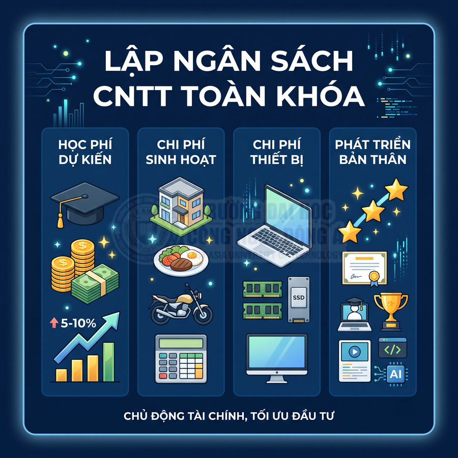 Lập ngân sách học CNTT toàn khóa với học phí, sinh hoạt, thiết bị laptop và phát triển bản thân