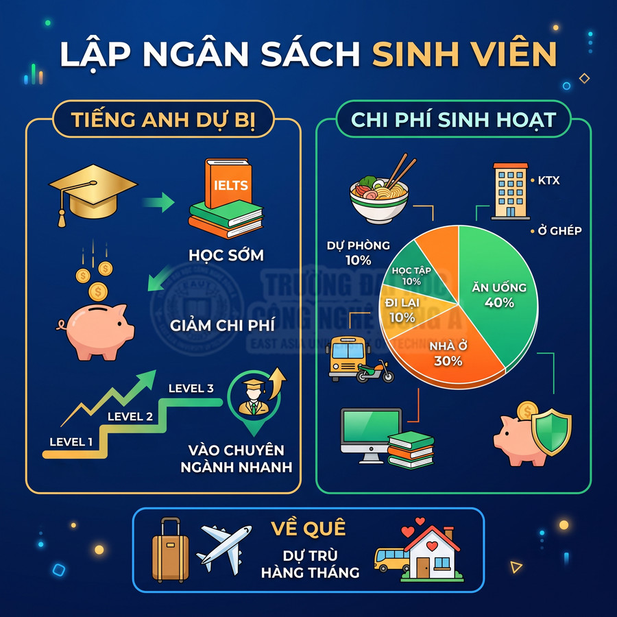 Infographic lập ngân sách sinh viên với biểu đồ chi phí sinh hoạt, học tiếng Anh dự bị và kế hoạch về quê hàng tháng