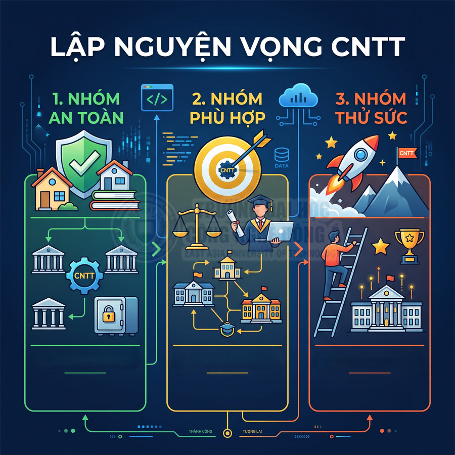Infographic lập nguyện vọng ngành CNTT với ba nhóm an toàn, phù hợp và thử sức cho thí sinh
