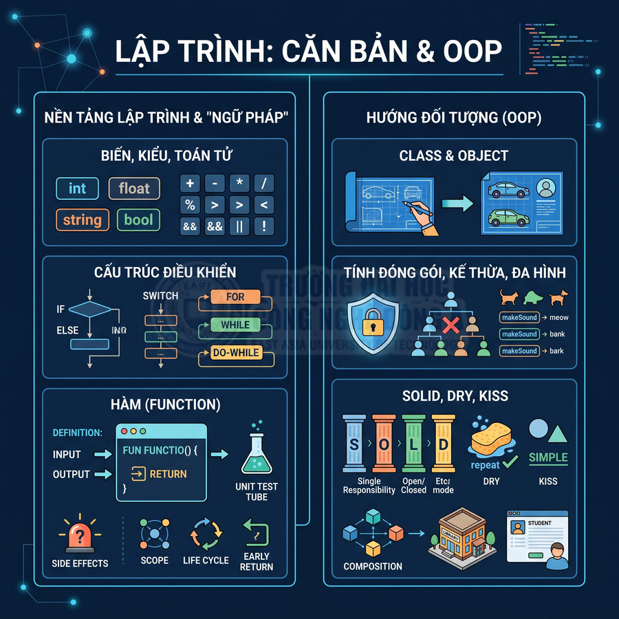Tổng quan kiến thức lập trình cơ bản và OOP với biến, hàm, cấu trúc điều khiển, SOLID, đóng gói, kế thừa