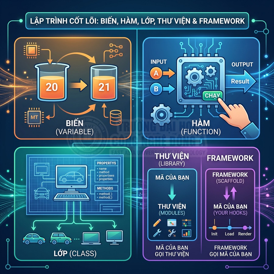 Minh họa khái niệm biến, hàm, lớp, thư viện và framework trong lập trình bằng đồ họa trực quan