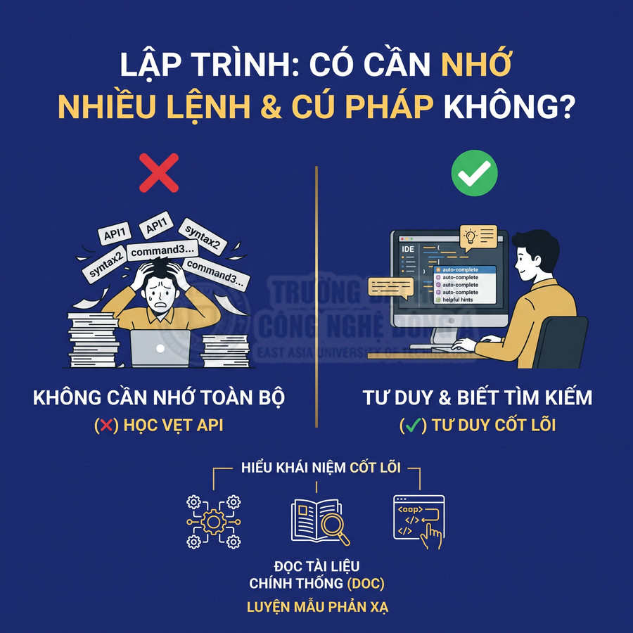 Infographic so sánh học vẹt lệnh lập trình với tư duy cốt lõi và biết tìm kiếm tài liệu khi học code