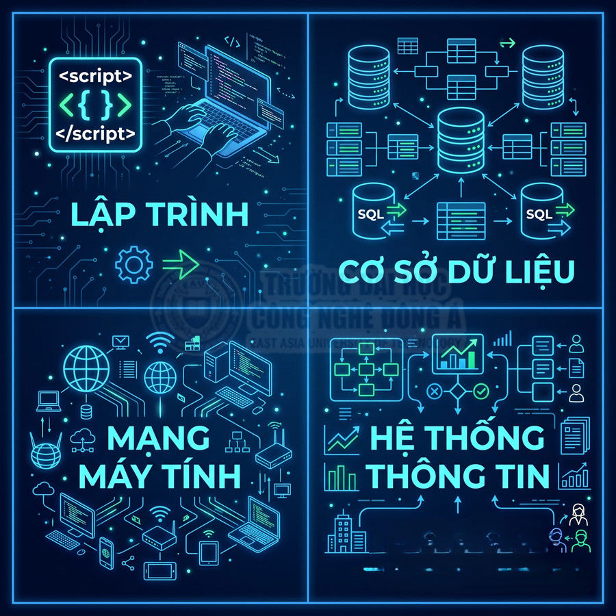 Minh họa các lĩnh vực lập trình, cơ sở dữ liệu, mạng máy tính và hệ thống thông tin trong công nghệ thông tin