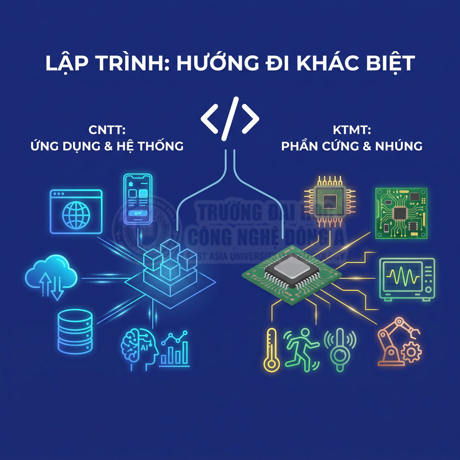 Hình minh họa so sánh lập trình CNTT ứng dụng hệ thống với lập trình phần cứng nhúng và vi xử lý