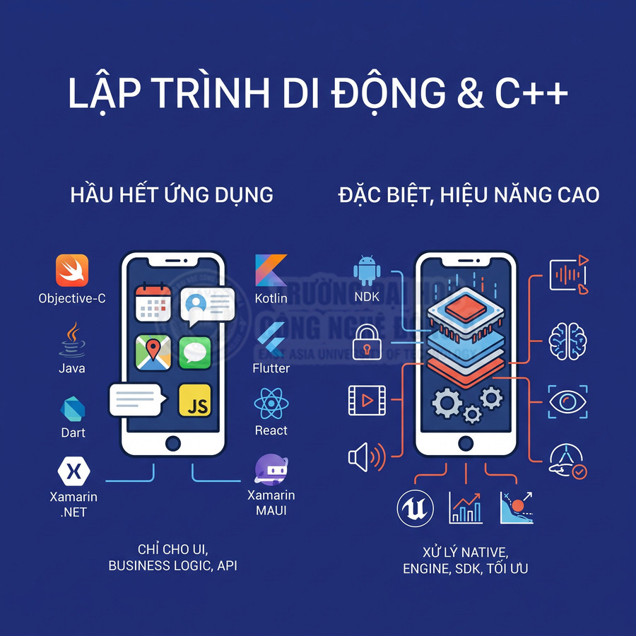 Minh họa lập trình di động và C++ với các ngôn ngữ Swift, Java, Kotlin, Flutter, React, Dart, Xamarin, NDK, Unreal Engine