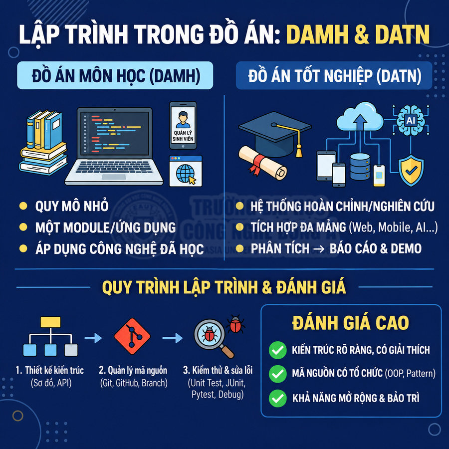 Infographic so sánh lập trình trong đồ án môn học và đồ án tốt nghiệp, quy trình lập trình và tiêu chí đánh giá