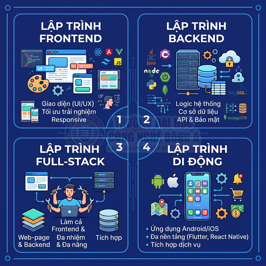 Tổng quan các mảng lập trình frontend, backend, full‑stack và di động với icon công nghệ minh họa