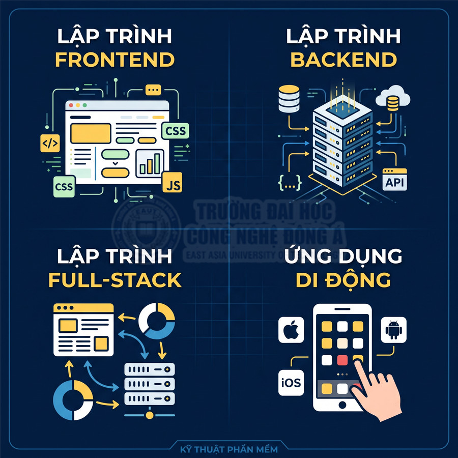 Các mảng lập trình frontend backend full stack và ứng dụng di động trong ngành kỹ thuật phần mềm