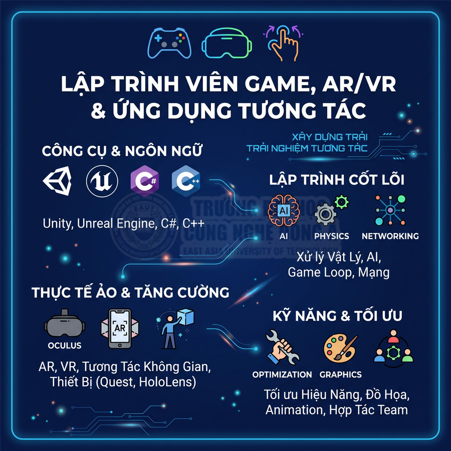 Poster giới thiệu khóa học lập trình game, AR VR và ứng dụng tương tác với Unity, Unreal Engine, C# và C++