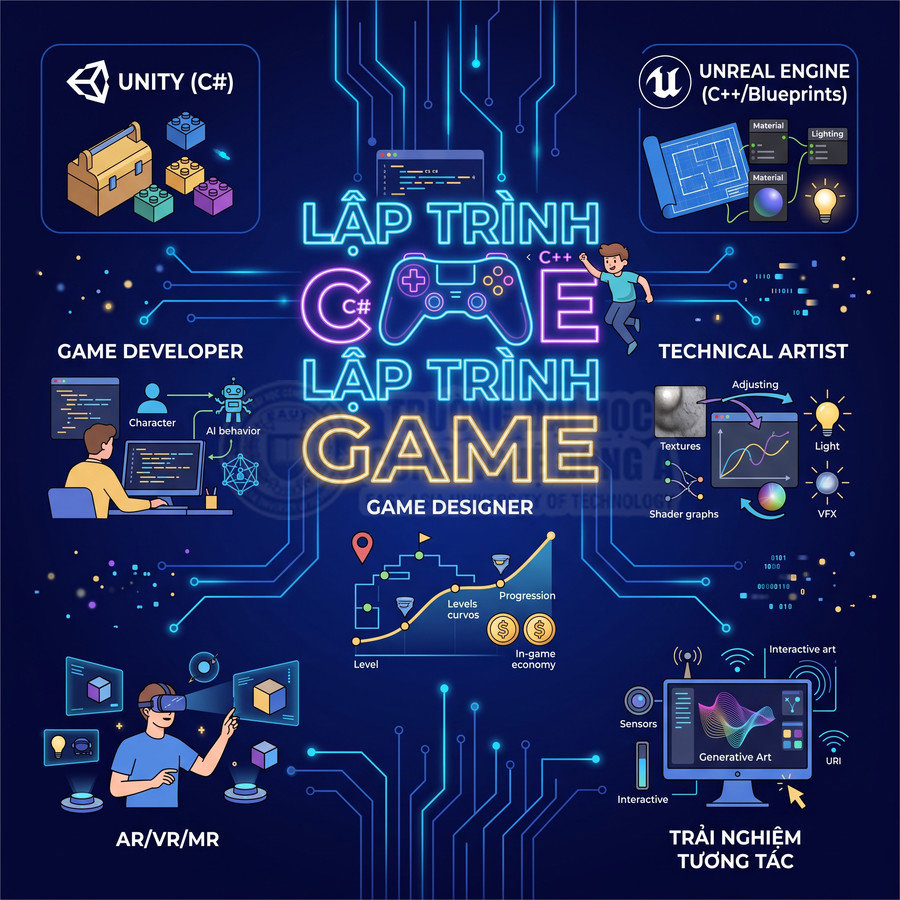 Poster giới thiệu lập trình game với Unity, Unreal Engine, vai trò game developer, game designer, technical artist, AR VR MR