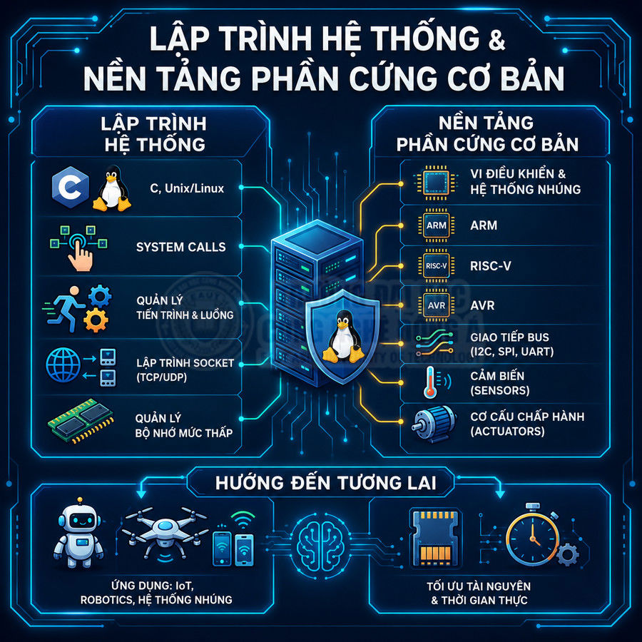 Infographic lập trình hệ thống và nền tảng phần cứng cơ bản với Linux, vi điều khiển ARM, RISC V, AVR, IoT và robot