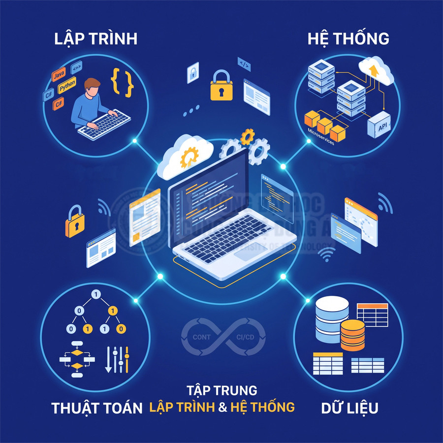 Mô hình laptop lập trình trung tâm với các biểu tượng lập trình, hệ thống, thuật toán và dữ liệu xung quanh