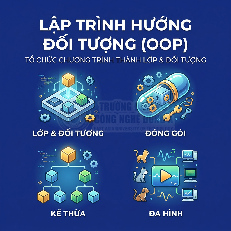 Minh họa các khái niệm lập trình hướng đối tượng OOP gồm lớp đối tượng đóng gói kế thừa đa hình