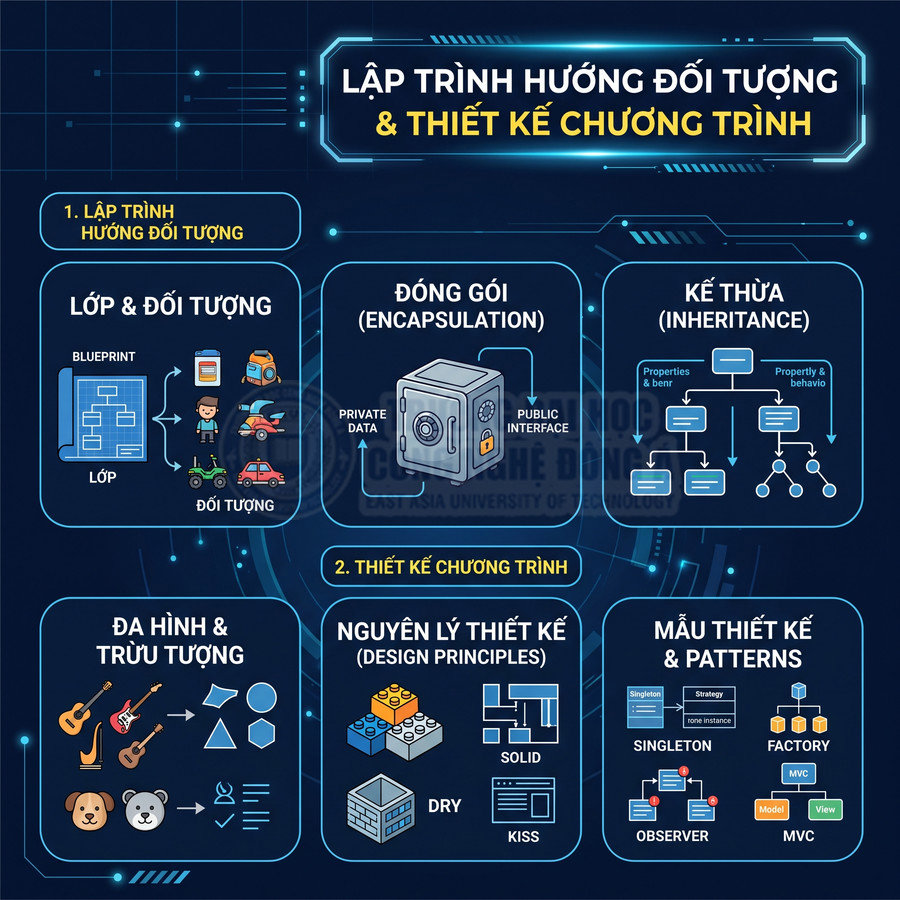 Infographic lập trình hướng đối tượng và thiết kế chương trình với lớp, đối tượng, đóng gói, kế thừa, đa hình, nguyên lý SOLID