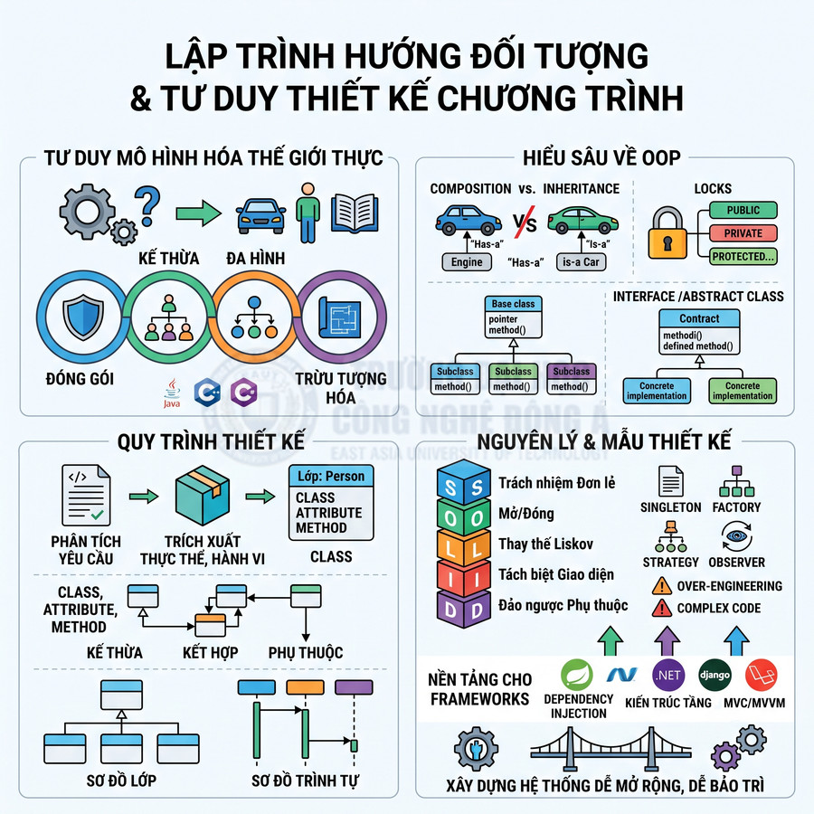 Infographic lập trình hướng đối tượng OOP, mô hình hóa, quy trình thiết kế, nguyên lý SOLID và các mẫu thiết kế phần mềm
