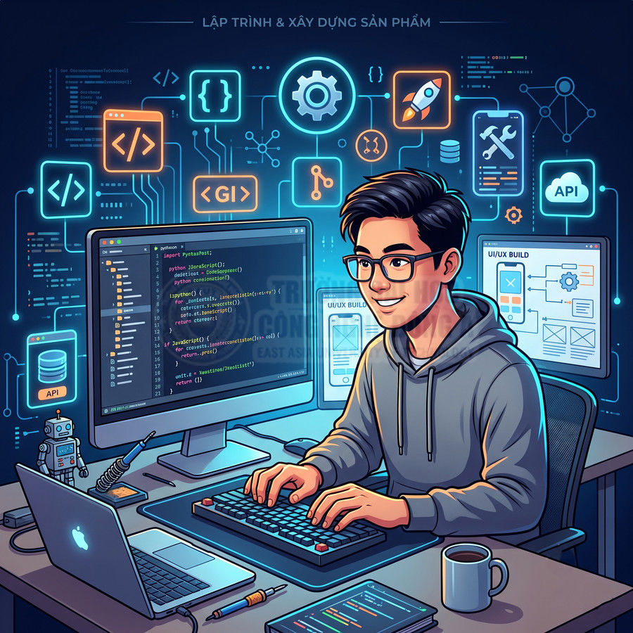 Lập trình viên làm việc trên máy tính với mã nguồn và giao diện UI UX, xung quanh là biểu tượng lập trình và công nghệ