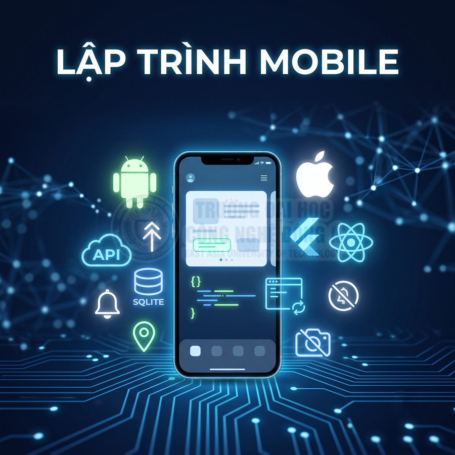 Màn hình điện thoại thông minh hiển thị giao diện ứng dụng với biểu tượng Android, Apple và các công nghệ lập trình mobile