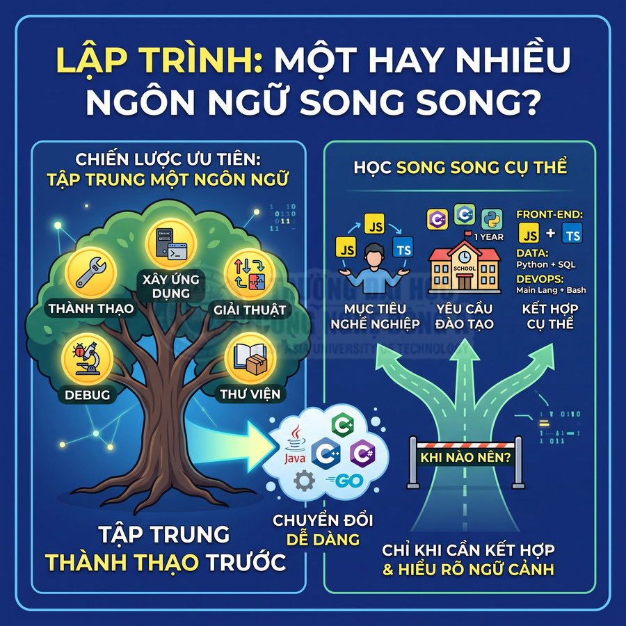 Infographic so sánh học một hay nhiều ngôn ngữ lập trình song song như Java, C, C++, C Sharp, Go, JavaScript, TypeScript