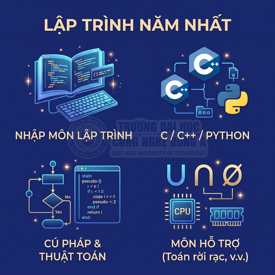 Chương trình học lập trình năm nhất với nhập môn, C C++ Python, cú pháp thuật toán và các môn hỗ trợ