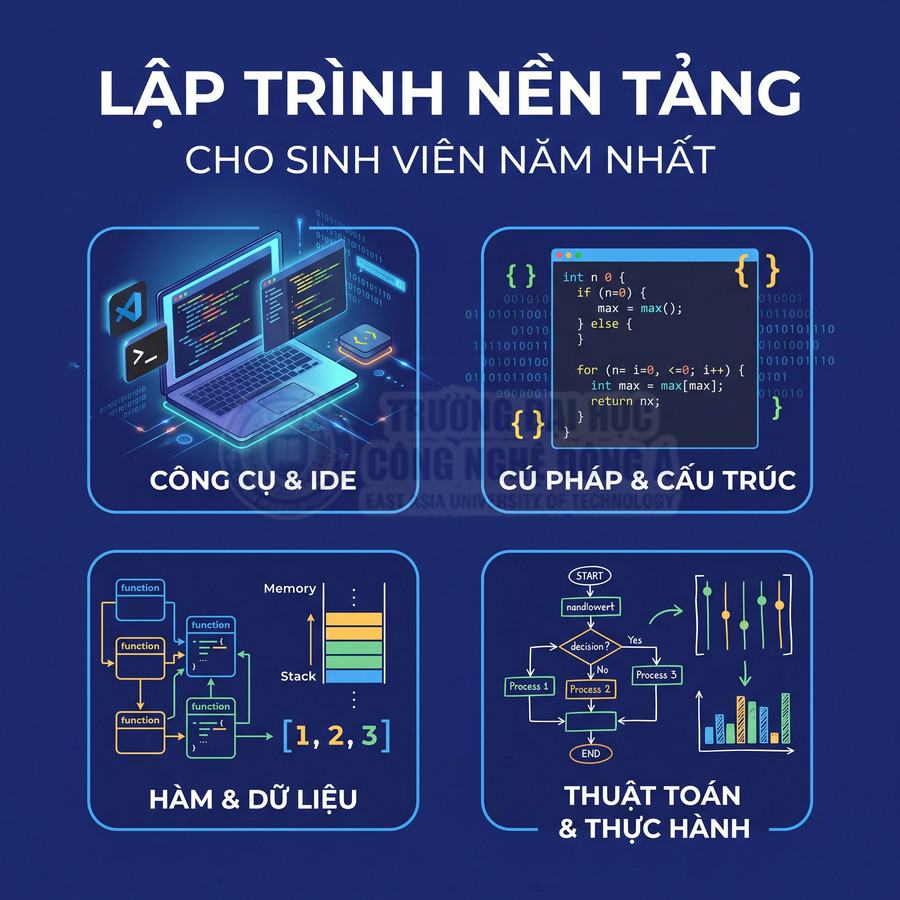Poster khóa học lập trình nền tảng cho sinh viên năm nhất với các chủ đề công cụ IDE cú pháp hàm dữ liệu và thuật toán