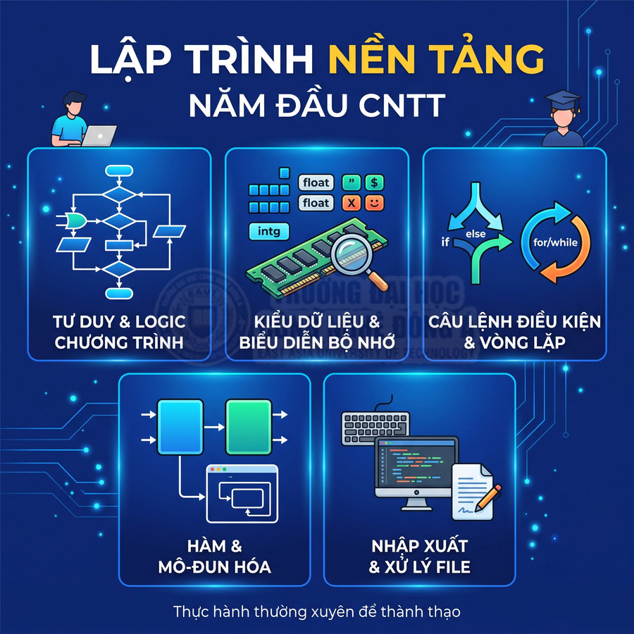 Khóa học lập trình nền tảng năm đầu CNTT với các chủ đề tư duy logic, kiểu dữ liệu, hàm và xử lý file