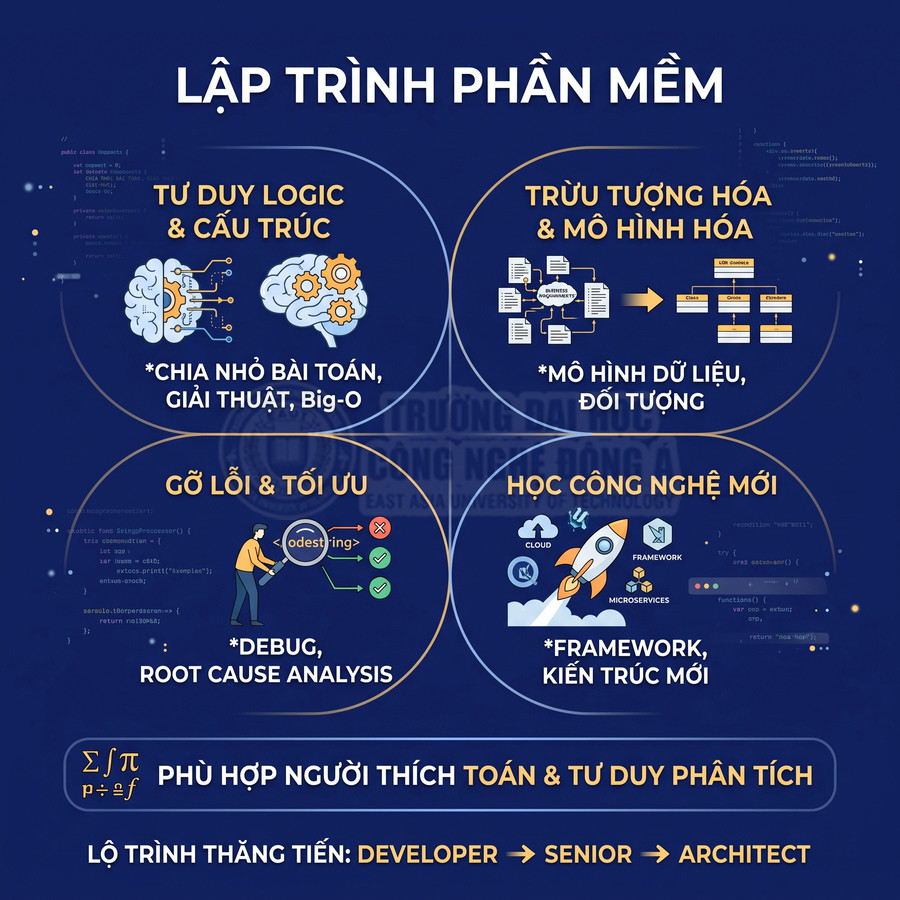 Infographic giới thiệu ngành lập trình phần mềm, kỹ năng tư duy logic, gỡ lỗi, mô hình hóa và học công nghệ mới