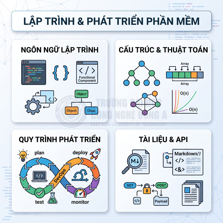Mô tả chương trình đào tạo lập trình và phát triển phần mềm với ngôn ngữ, thuật toán, quy trình DevOps, tài liệu và API