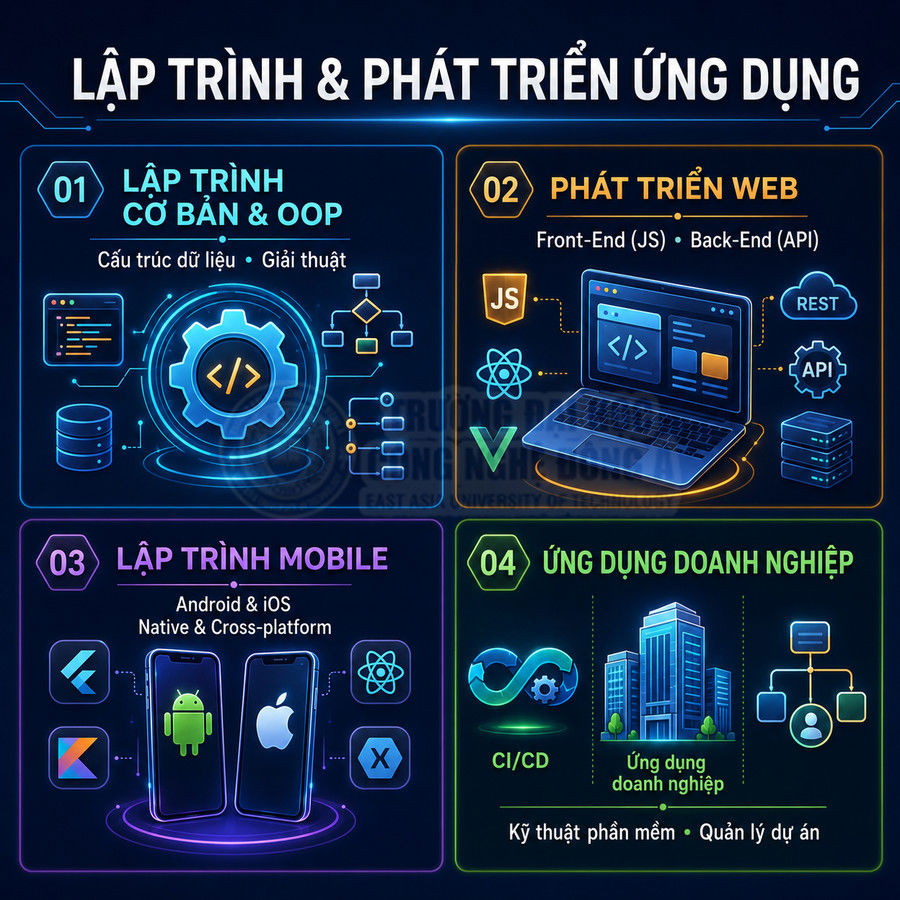 Infographic lộ trình học lập trình và phát triển ứng dụng web, mobile, OOP và ứng dụng doanh nghiệp