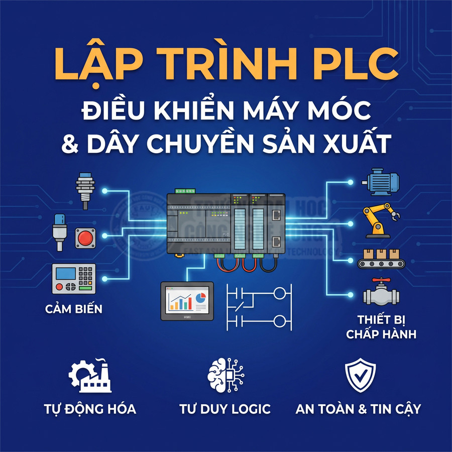 Bộ điều khiển PLC kết nối cảm biến, màn hình HMI và thiết bị chấp hành trong dây chuyền sản xuất tự động hóa