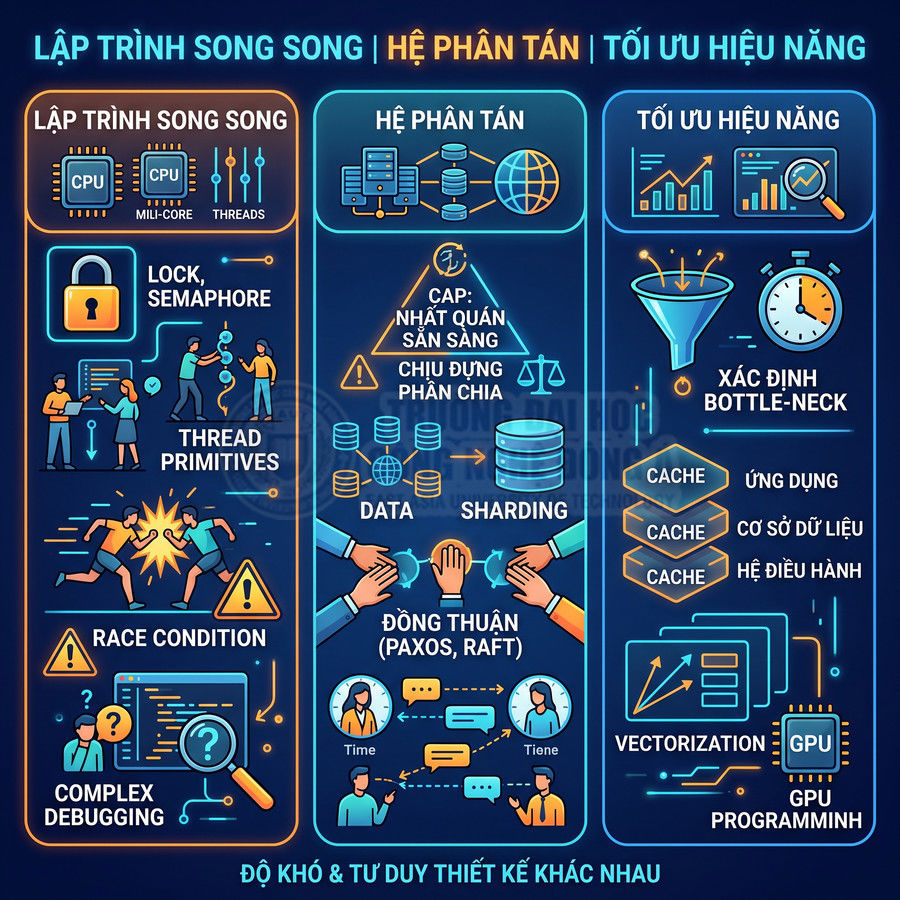 Minh họa lập trình song song, hệ phân tán và tối ưu hiệu năng với các khái niệm lock, sharding, bottleneck, cache, GPU