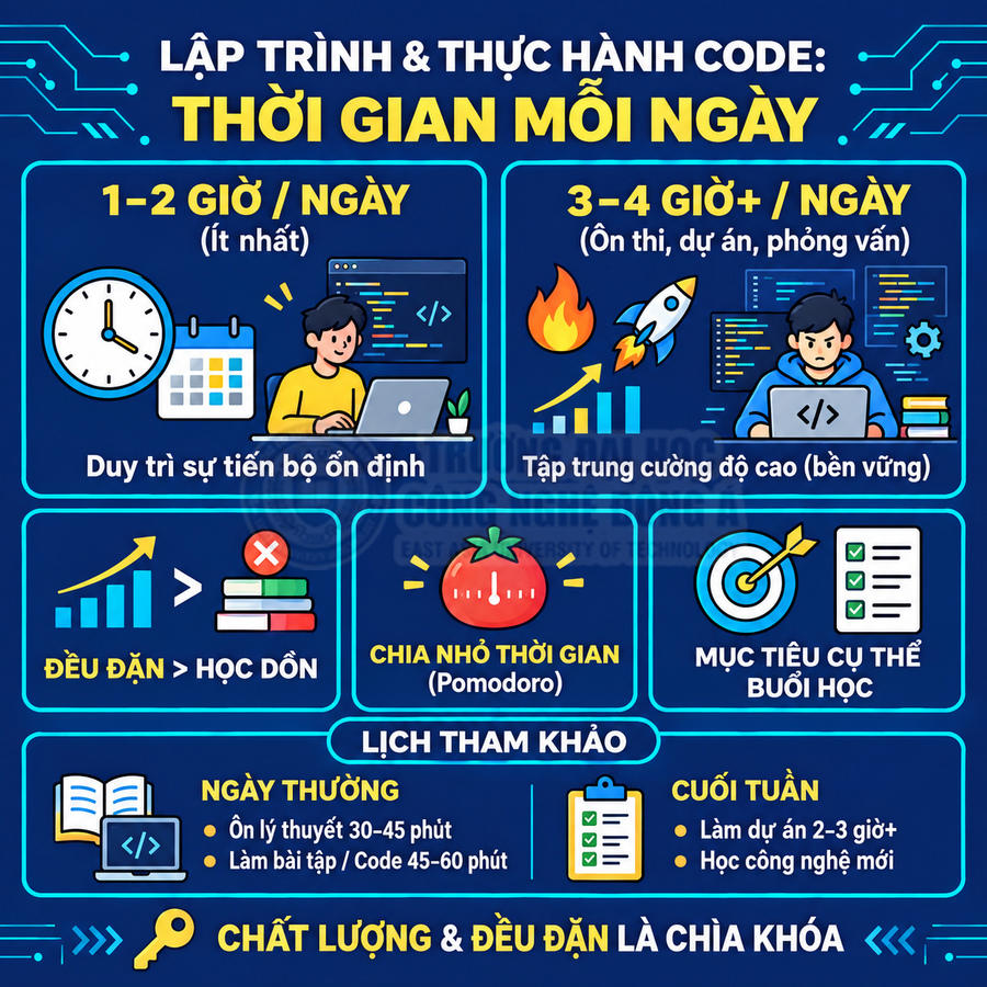 Infographic hướng dẫn phân bổ thời gian học lập trình mỗi ngày với lịch tham khảo và mẹo học hiệu quả